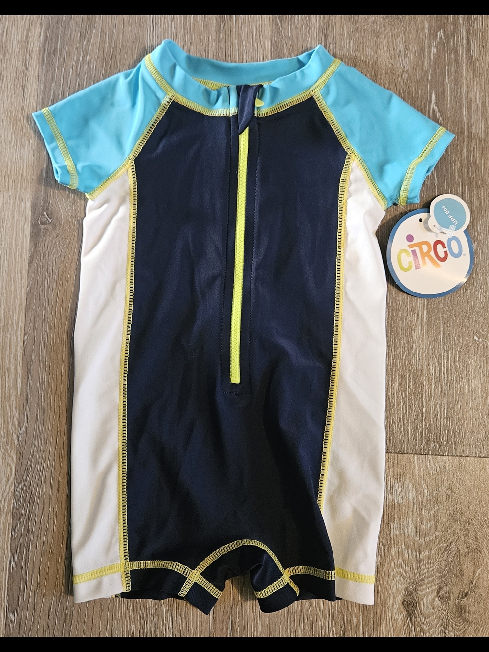 Circo Boys Navy, Aqua & White Short Sleeve Swim Suit with Front Zip 0-6 Months